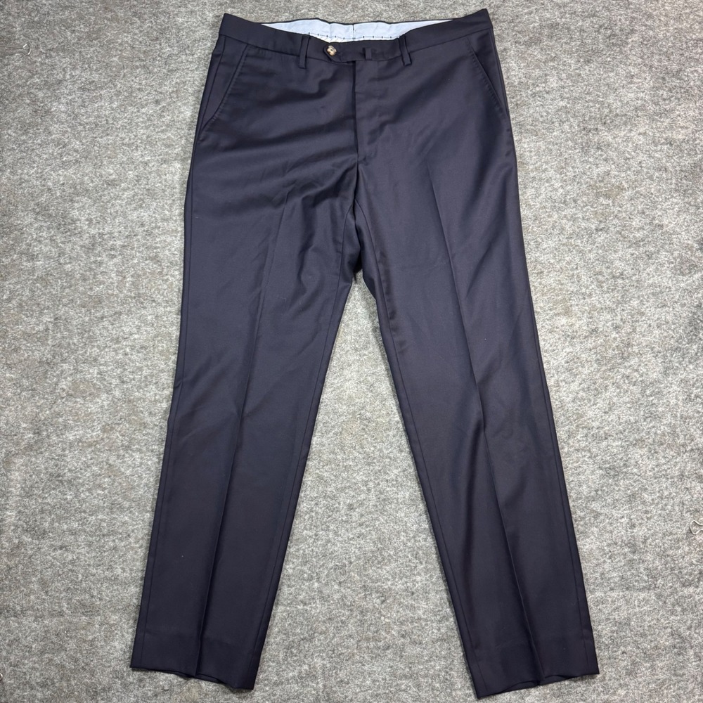 Luciano Barbera Flat Front Dress Pants Mens 35x30.5 Blue Wool Italian Luxury